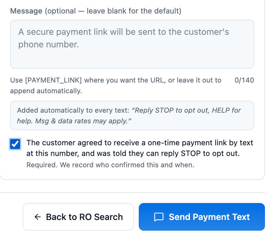 The same panel with the consent attestation ticked and the Send Payment Text button now enabled.