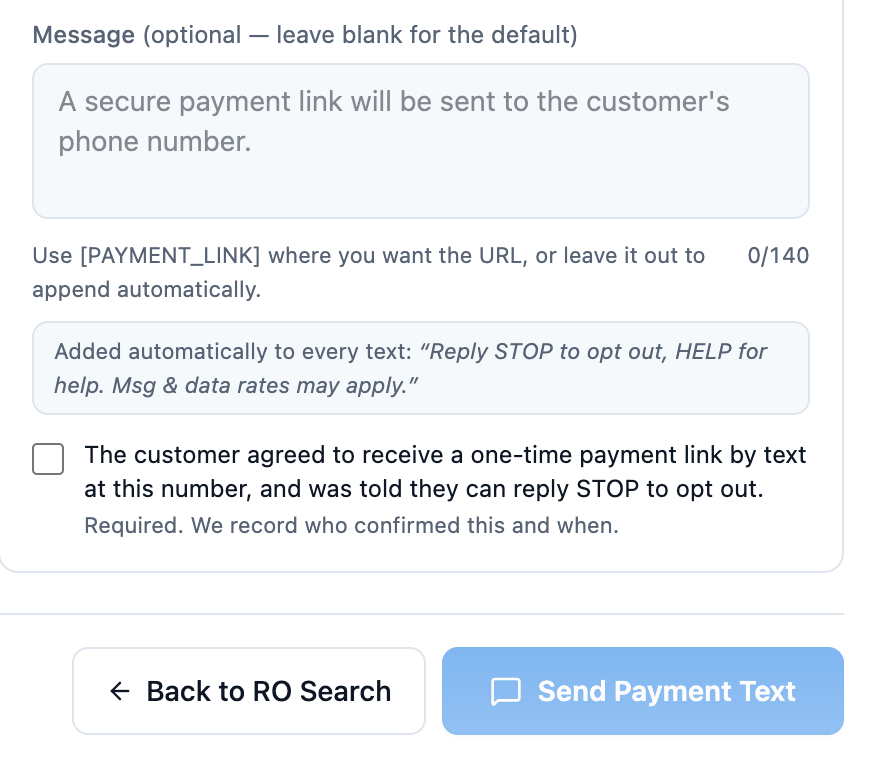 The DLRPos Send Text panel with the consent attestation unticked and the Send Payment Text button greyed out and disabled.